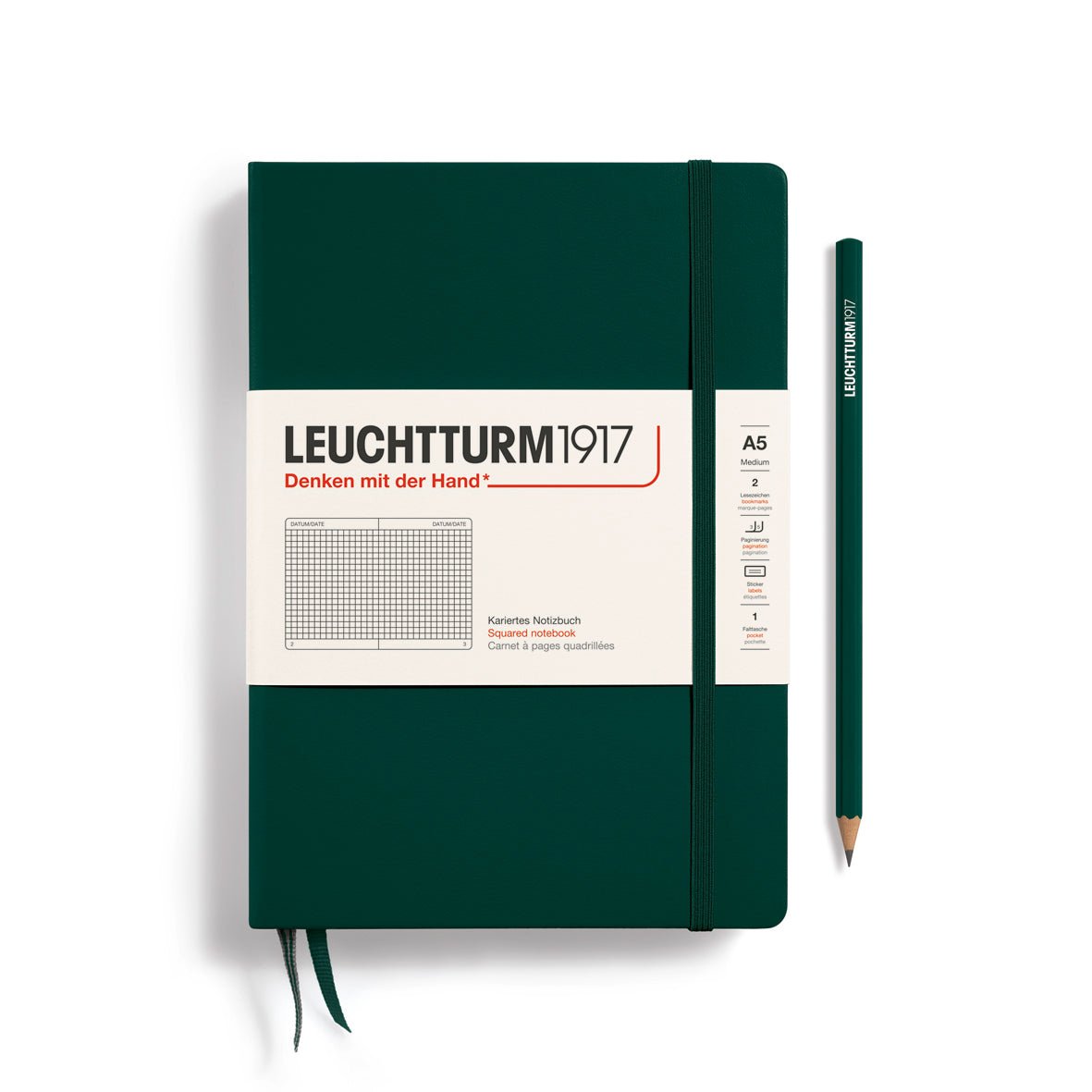 Leuchtturm1917 Hardcover Notebook - Forest Green - Medium 5.75 x 8.25 inch (A5) - 251 pages - squared - The Merri Artist - merriartist.com