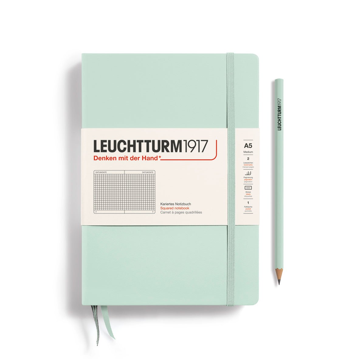 Leuchtturm1917 Hardcover Notebook - Mint Green - Medium 5.75 x 8.25 inch (A5) - 251 pages - squared - The Merri Artist - merriartist.com