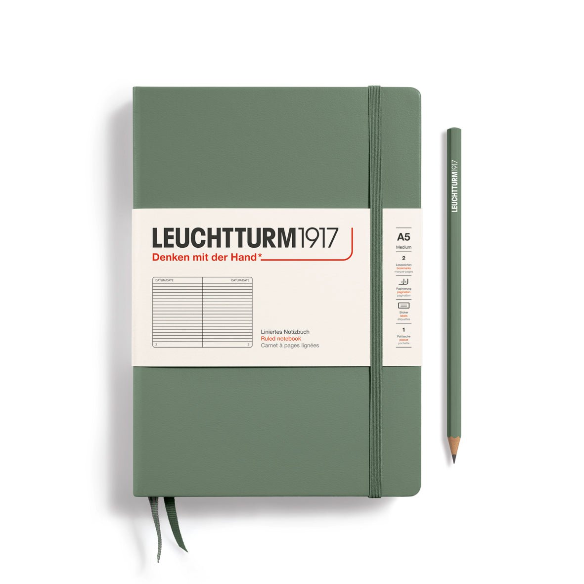 Leuchtturm1917 Hardcover Notebook - Olive - Medium 5.75 x 8.25 inch (A5) - 251 pages - ruled - The Merri Artist - merriartist.com