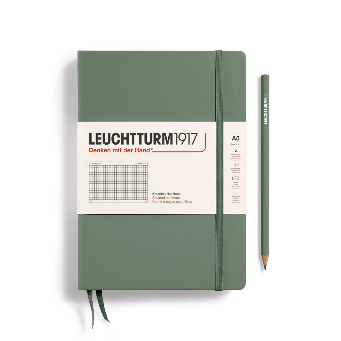 Leuchtturm1917 Hardcover Notebook - OLive - Medium 5.75 x 8.25 inch (A5) - 251 pages - squared - The Merri Artist - merriartist.com