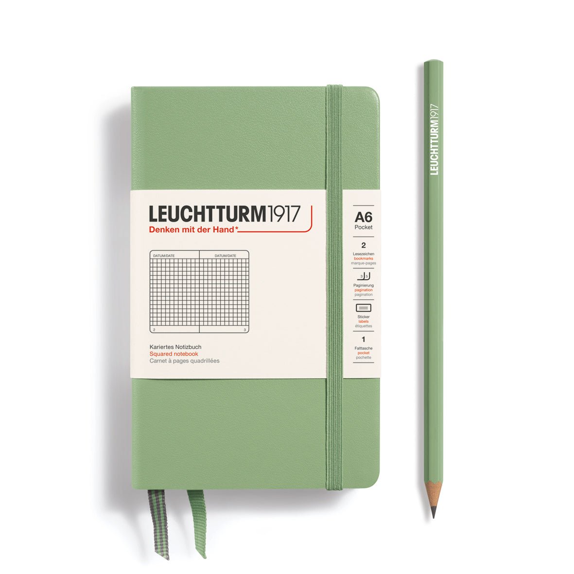Leuchtturm1917 Hardcover Notebook - Sage - Pocket 3.5 x 6 in (A6) - 187 pages - Squared - The Merri Artist - merriartist.com