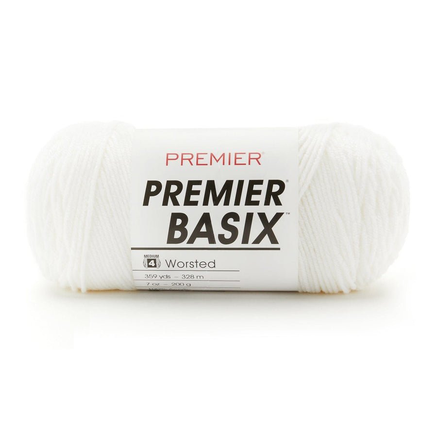 Premier Yarns Basix Worsted Solids - 100% Acrylic - 4 Medium Weight, 359 Yards - 1115 - 01 White - The Merri Artist - merriartist.com