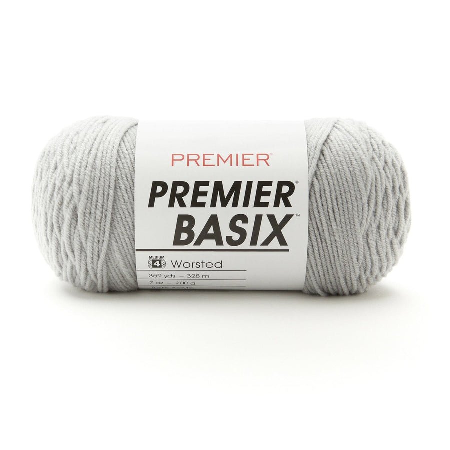 Premier Yarns Basix Worsted Solids - 100% Acrylic - 4 Medium Weight, 359 Yards - 1115 - 02 Light Gray - The Merri Artist - merriartist.com