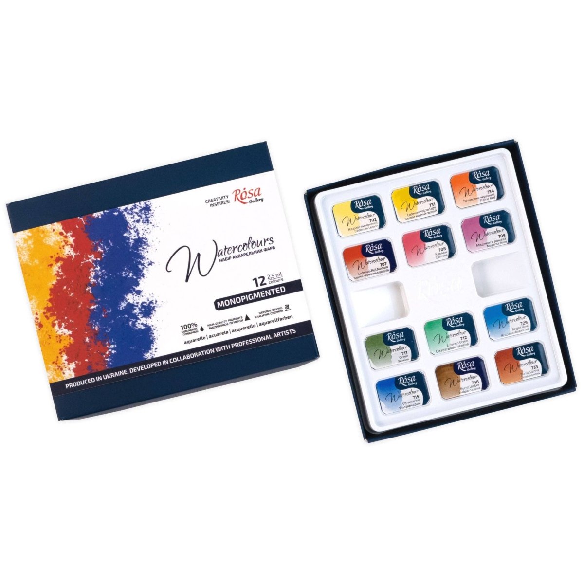 ROSA Gallery Monopigmented Watercolors Set - 12 Colors, Full Pans in Cardboard Box - The Merri Artist - merriartist.com