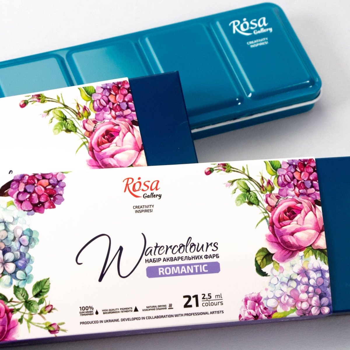 ROSA Gallery Romantic Watercolor Set - 21 Colors, Full Pans in Turquoise Metal Case - The Merri Artist - merriartist.com