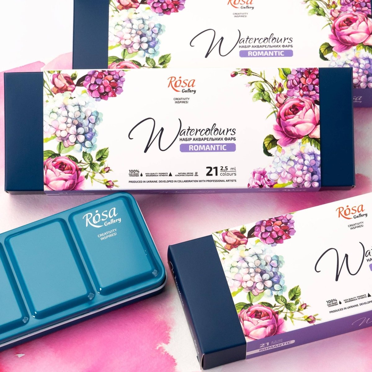 ROSA Gallery Romantic Watercolor Set - 21 Colors, Full Pans in Turquoise Metal Case - The Merri Artist - merriartist.com