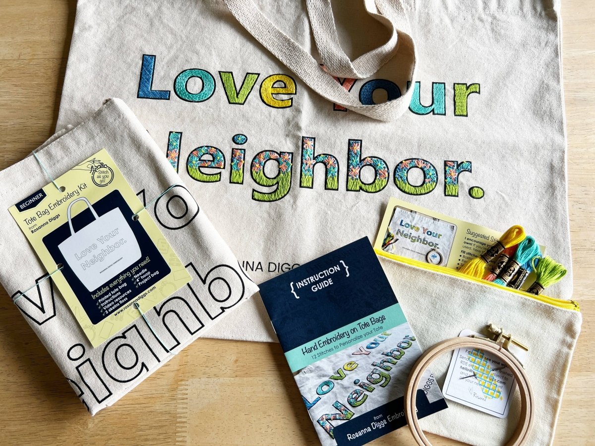 Rosanna Diggs Embroidery - Love Your Neighbor Tote Bag Embroidery Kit - The Merri Artist - merriartist.com