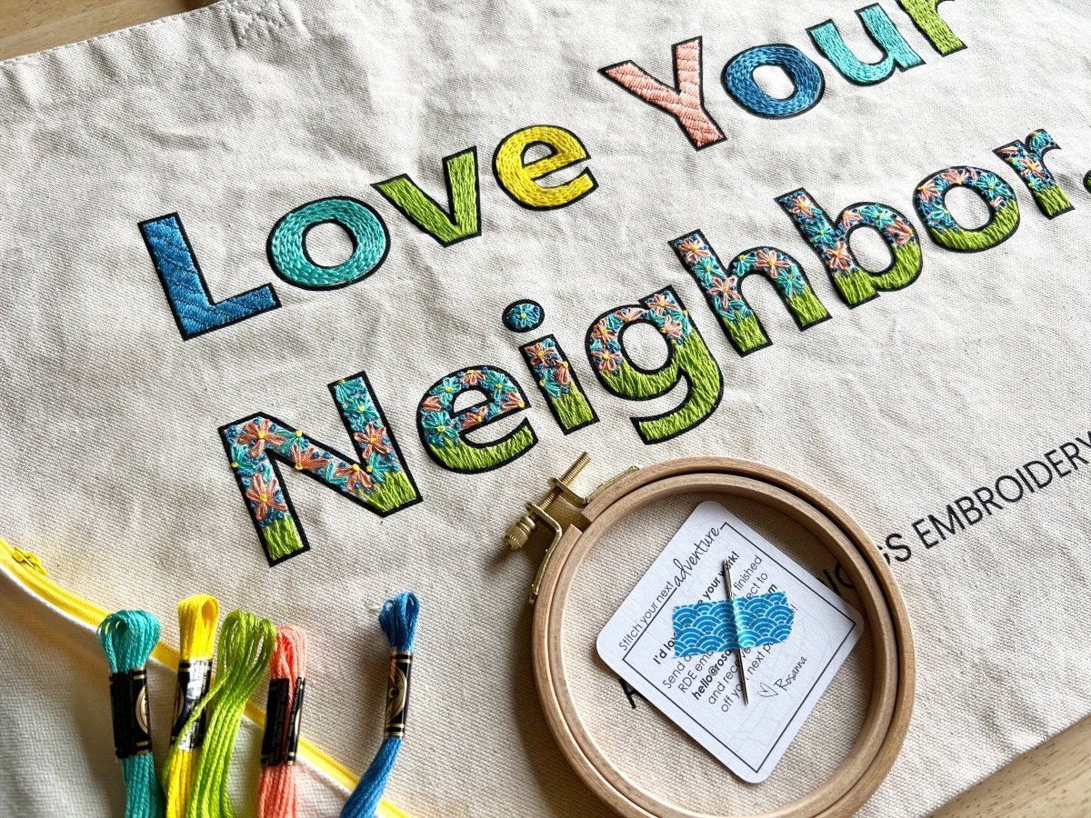 Rosanna Diggs Embroidery - Love Your Neighbor Tote Bag Embroidery Kit - The Merri Artist - merriartist.com