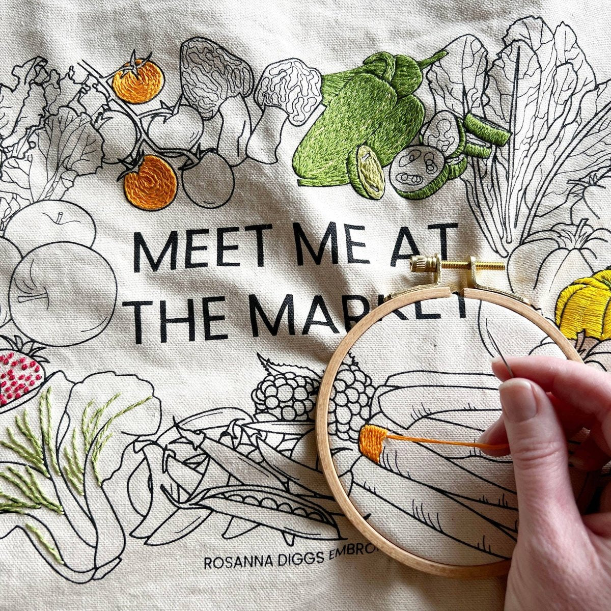 Rosanna Diggs Embroidery - Meet Me at the Market Tote Bag Embroidery Kit - The Merri Artist - merriartist.com