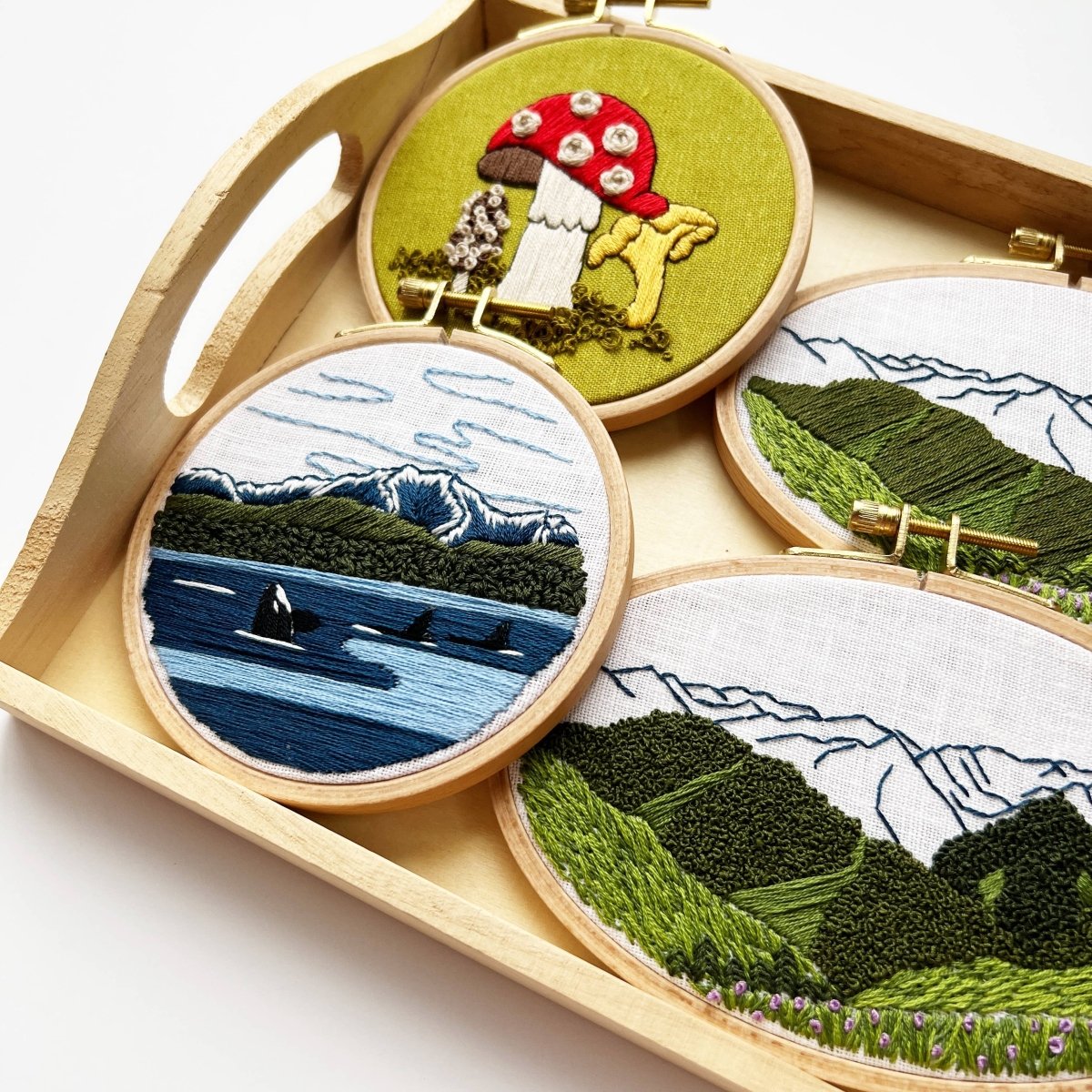 Rosanna Diggs Embroidery - Orcas in the Sound Landscape Embroidery Kit for Beginners - The Merri Artist - merriartist.com