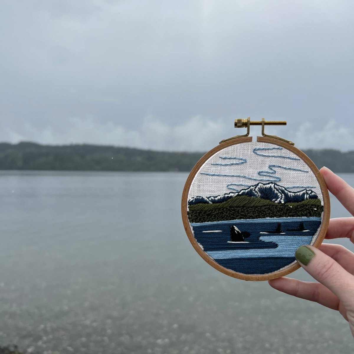 Rosanna Diggs Embroidery - Orcas in the Sound Landscape Embroidery Kit for Beginners - The Merri Artist - merriartist.com