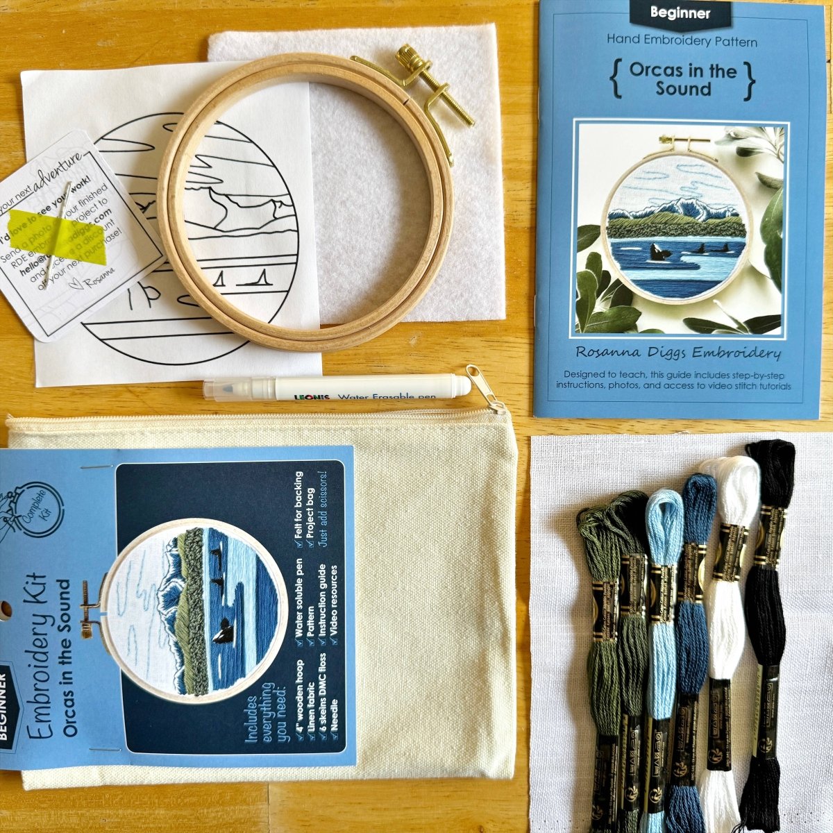 Rosanna Diggs Embroidery - Orcas in the Sound Landscape Embroidery Kit for Beginners - The Merri Artist - merriartist.com