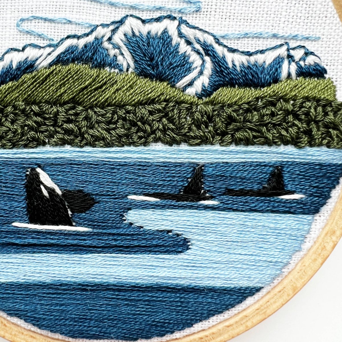 Rosanna Diggs Embroidery - Orcas in the Sound Landscape Embroidery Kit for Beginners - The Merri Artist - merriartist.com
