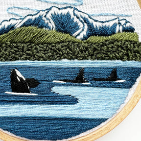Rosanna Diggs Embroidery - Orcas in the Sound Landscape Embroidery Kit for Beginners - The Merri Artist - merriartist.com