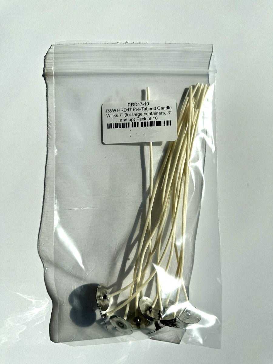 R&W RRD47 Pre - Tabbed Candle Wicks 7" (for large containers, 3" and up) Pack of 10 - The Merri Artist - merriartist.com