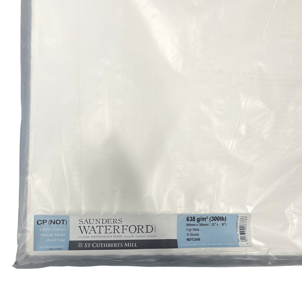 Saunders Waterford Cold Press Watercolor Paper, High White (Bright White) 638g (300 lb.) 22x30 inch Sheet - Pack of 10 - The Merri Artist - merriartist.com