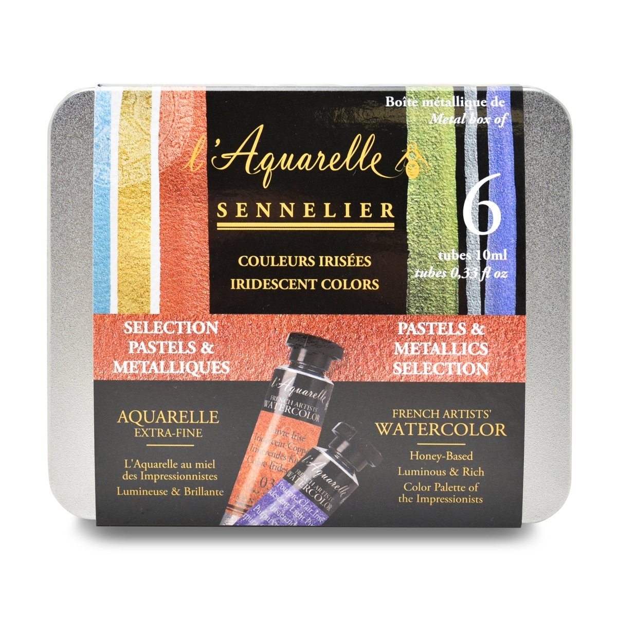 Sennelier French Artists Watercolor Set - 10ml Tubes - 6 - Color Iridescent & Metallic Tin Set - The Merri Artist - merriartist.com