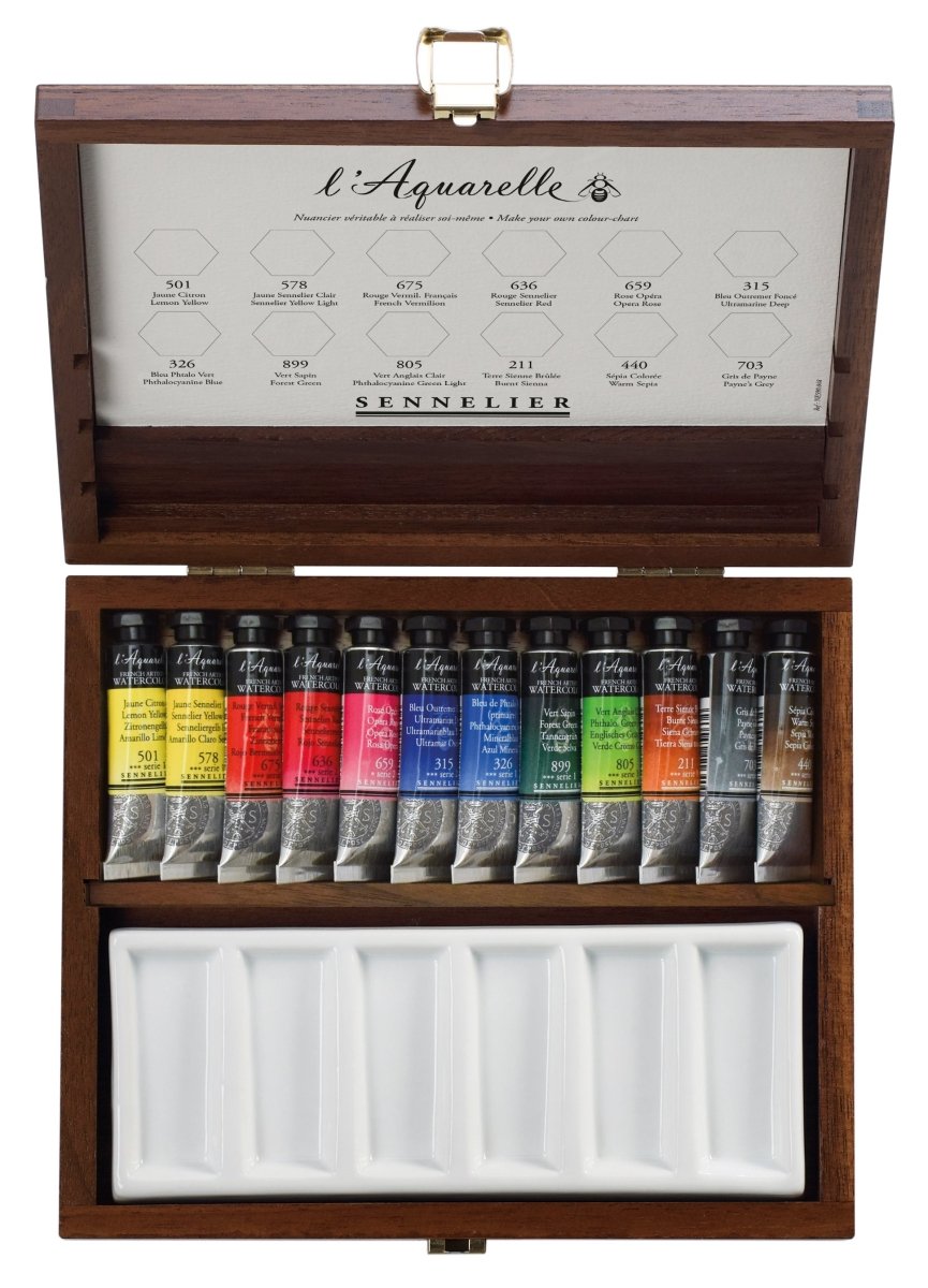 Sennelier French Artists Watercolor Walnut Box Set - 10ml Tubes - 12 - Colors - The Merri Artist - merriartist.com