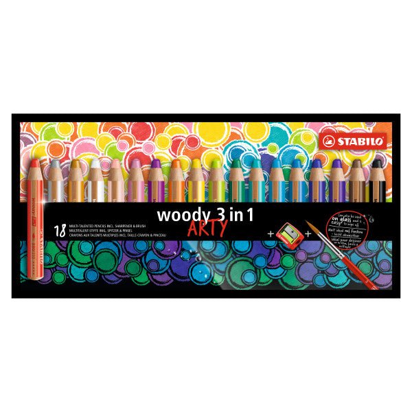 Stabilo Woody 3 in 1 Pencils - ARTY Set of 18 with Sharpener and Brush - The Merri Artist - merriartist.com