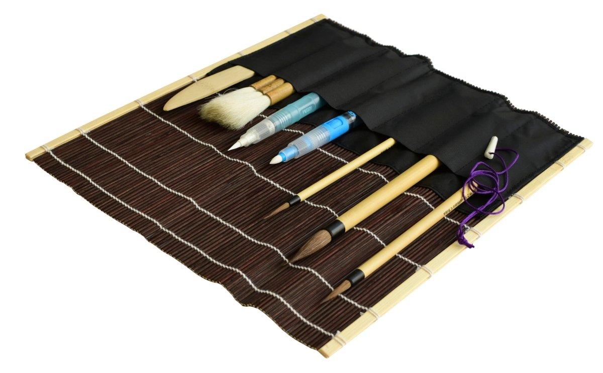 Yasutomo Fudemaki Bamboo Roll Up Brush Holder - Brown with Pockets - The Merri Artist - merriartist.com