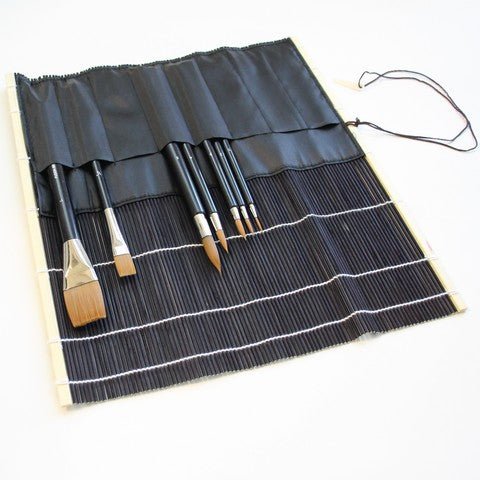 Yasutomo Fudemaki Brush Holder - Black with Pockets (10 1/2″ x 11 3/4″ when open) - The Merri Artist - merriartist.com