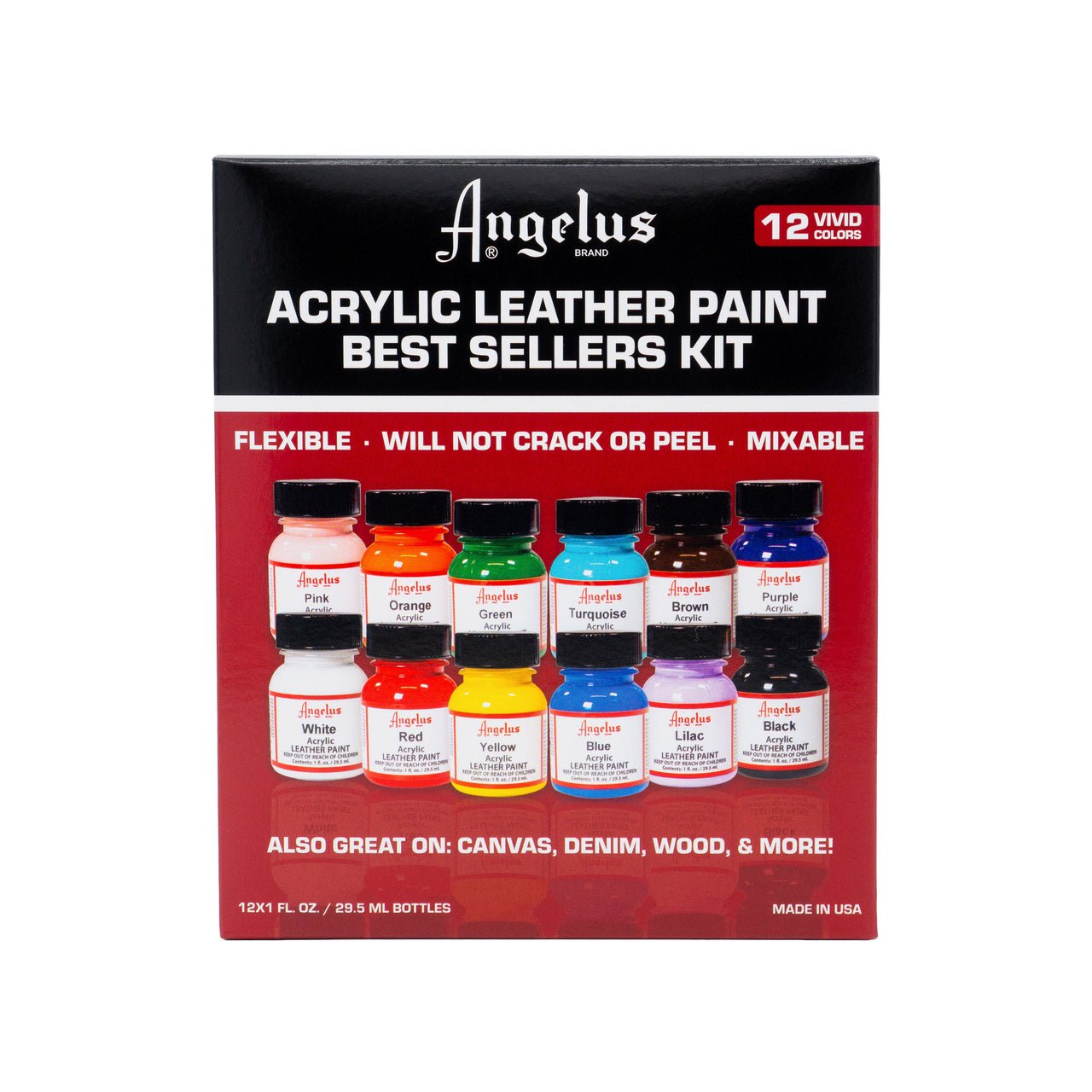 Angelus Acrylic Leather Paint Kit - 1 oz Best Sellers - 12 Colors - merriartist.com
