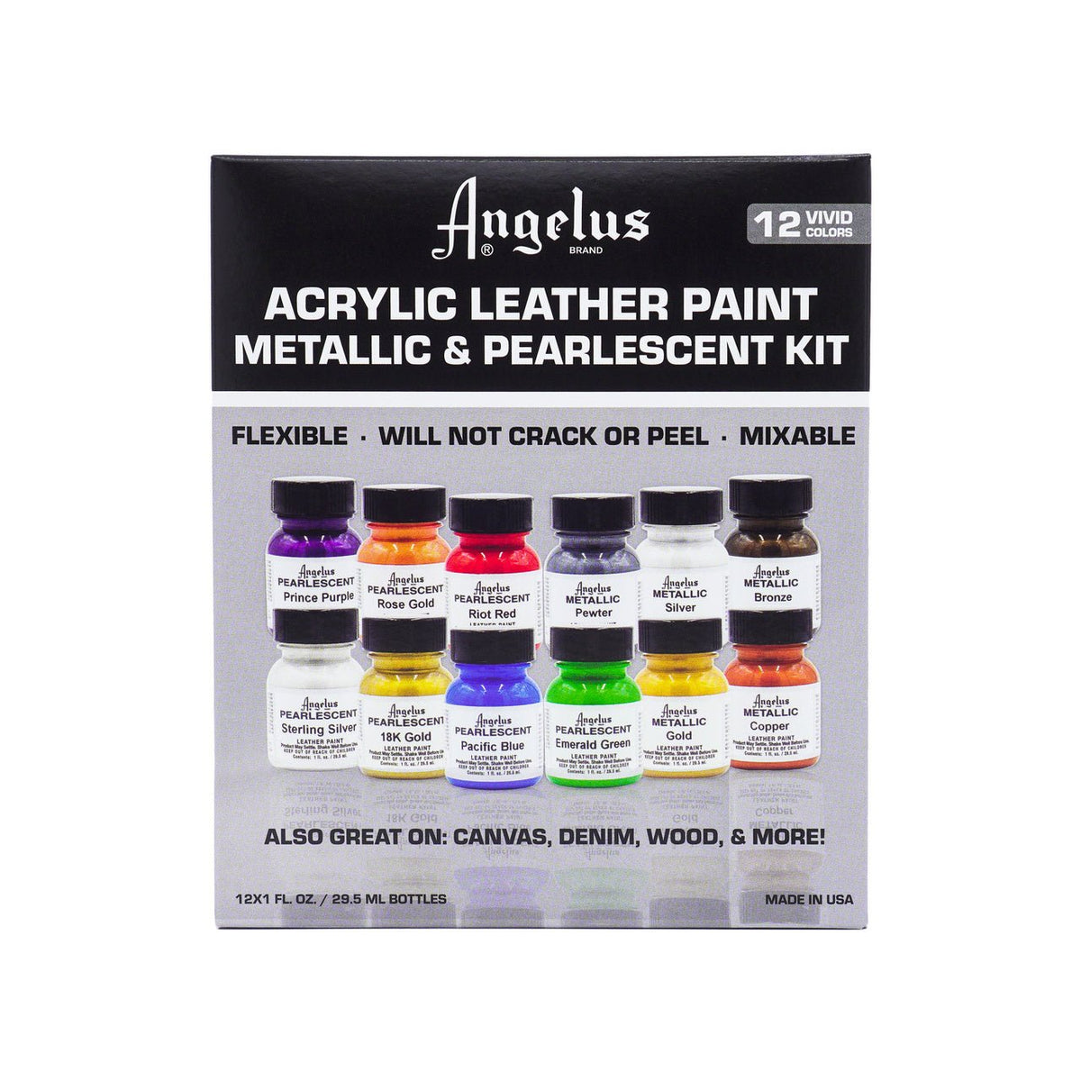 Angelus Acrylic Leather Paint Kit - 1 oz Metallic and Pearlescent - 12 Colors - merriartist.com