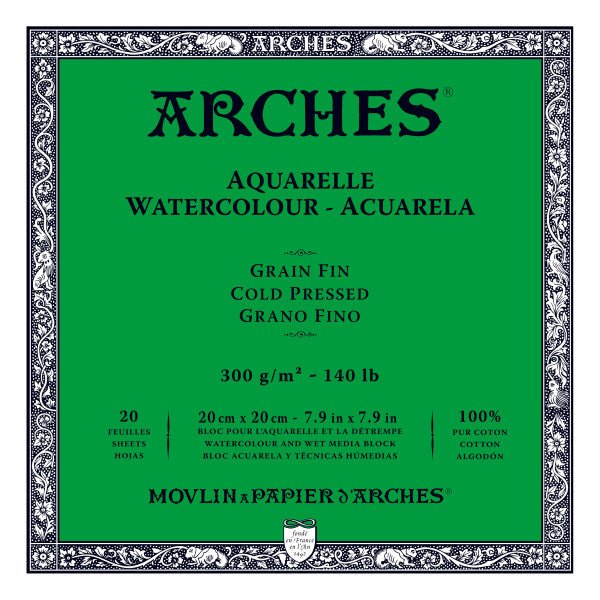 ARCHES Watercolor Block - Cold Pressed 140 lb 7.9x7.9 inch (20 Sheets) - merriartist.com