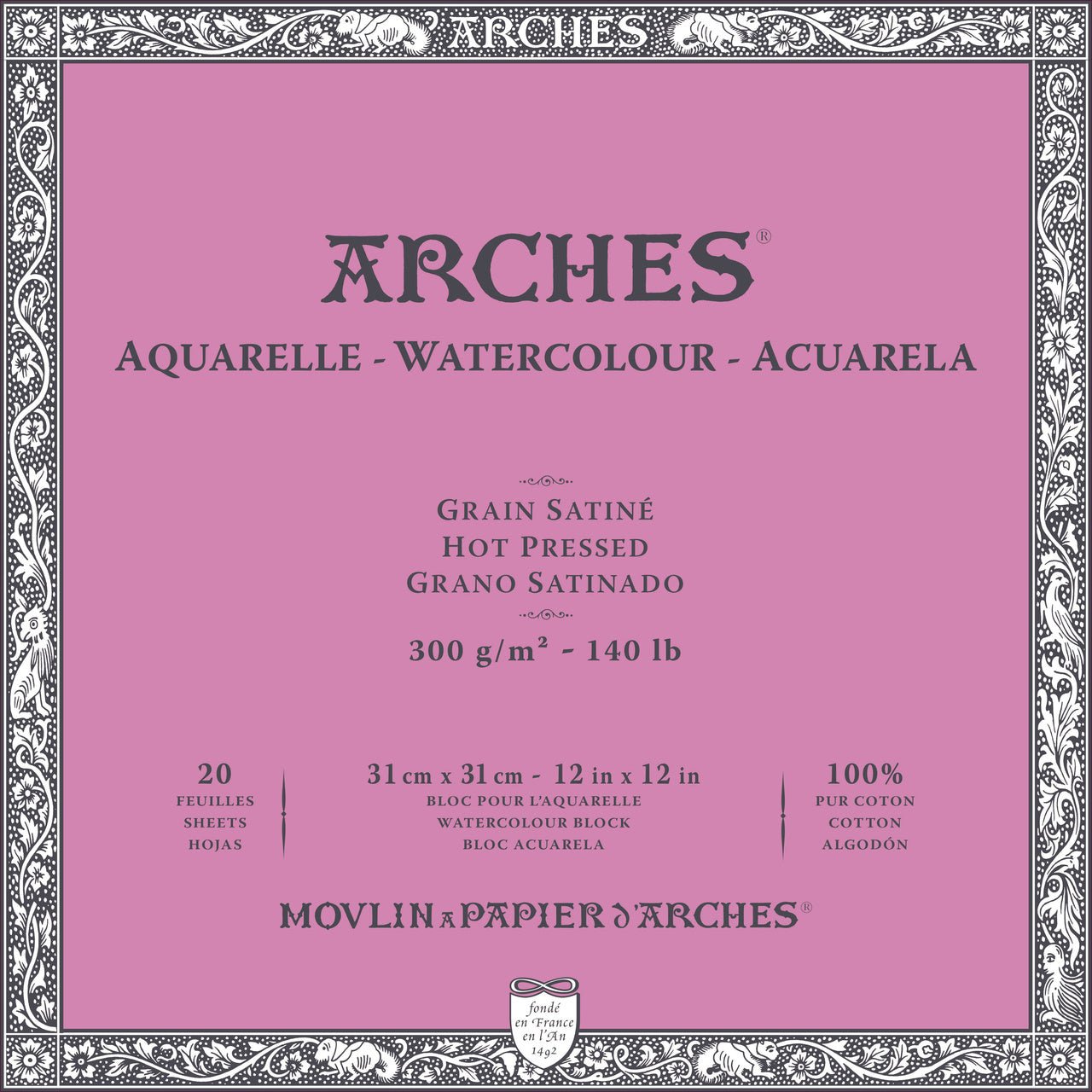 ARCHES Watercolor Block - Hot Pressed 140 lb 12x12 inch (20 Sheets) - merriartist.com