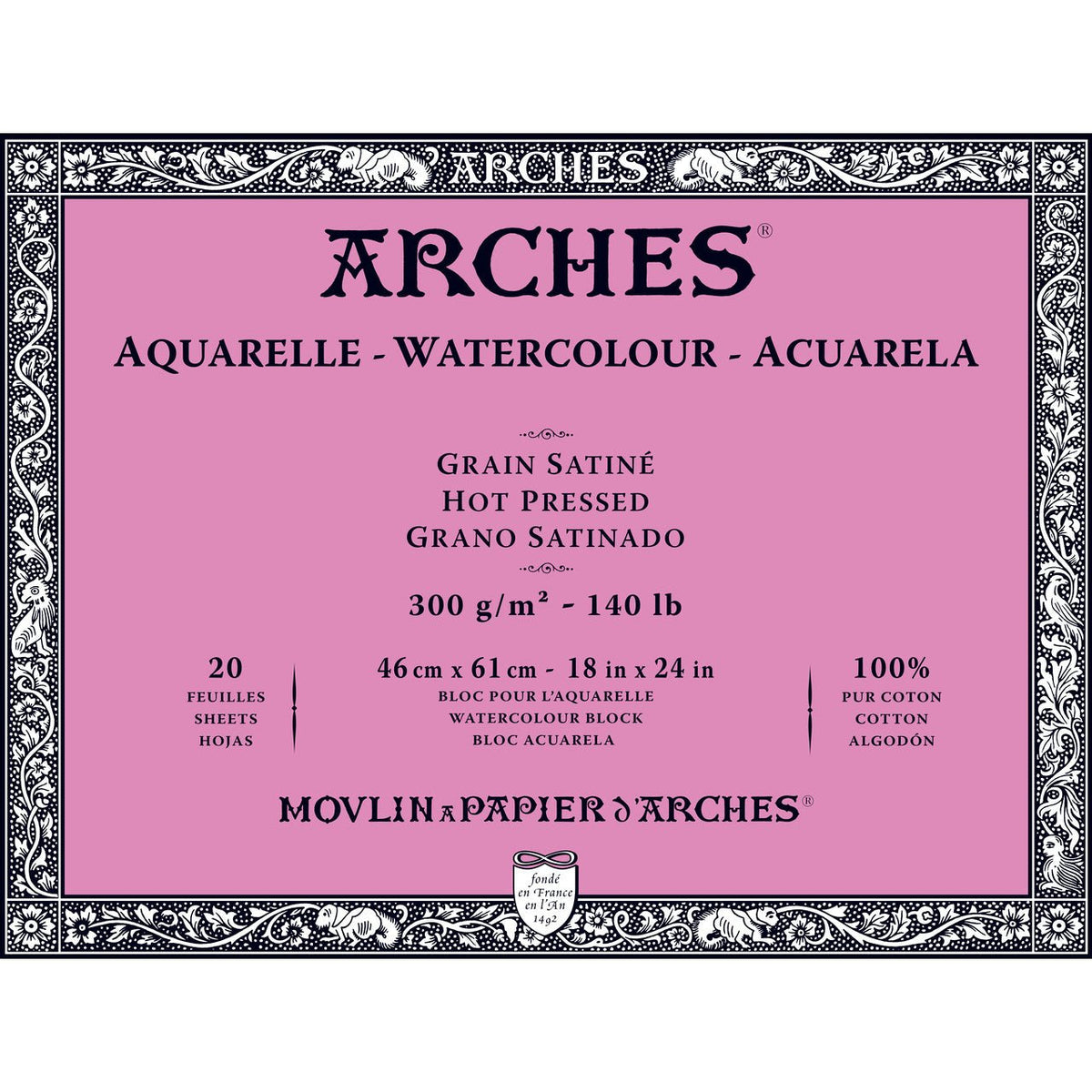 ARCHES Watercolor Block - Hot Pressed 140 lb 18x24 inch Block (20 Sheets) - merriartist.com