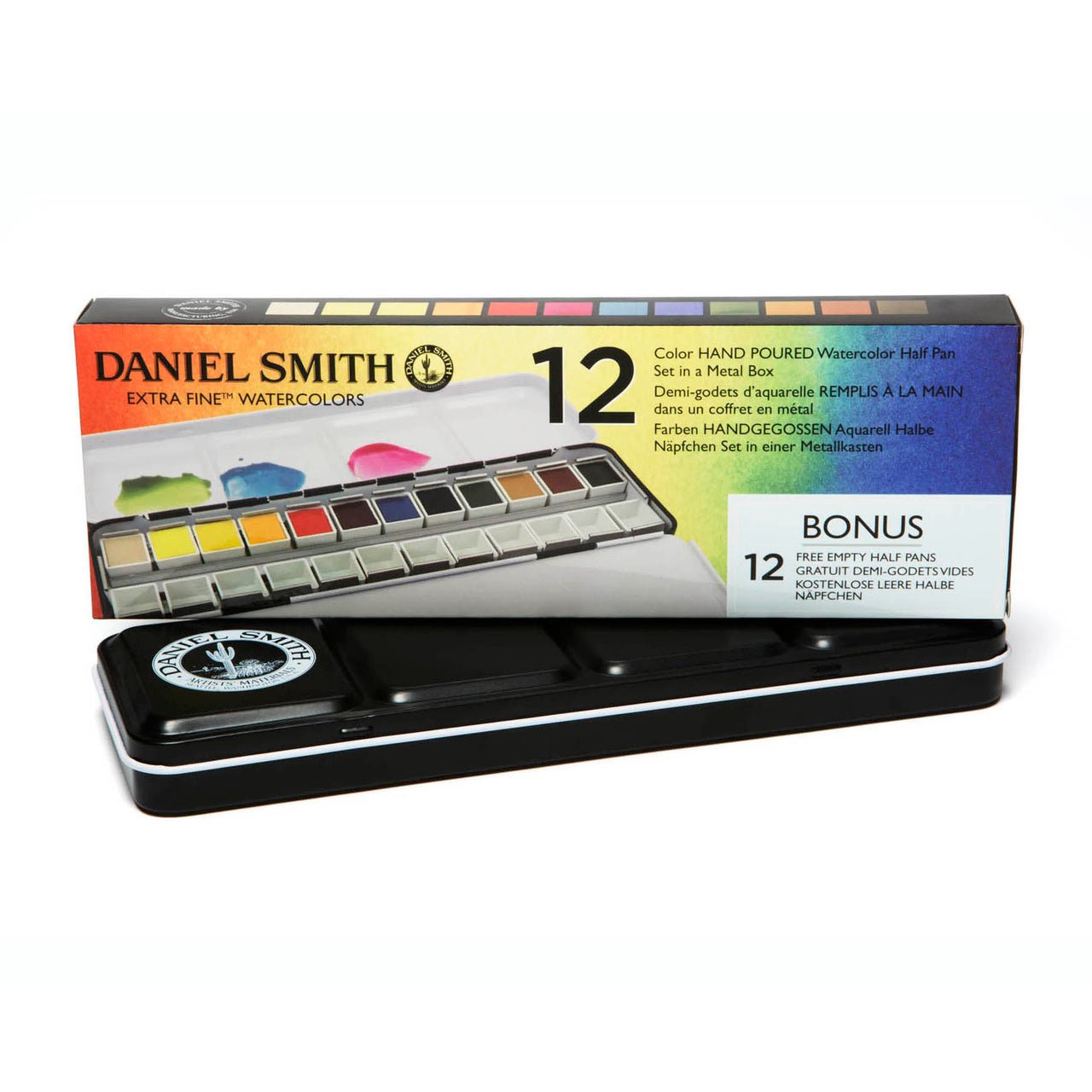 Daniel Smith Extra Fine Watercolor Set - 12 Color Hand Poured Half Pan Set in a METAL BOX with BONUS 12 Empty Half Pans - merriartist.com