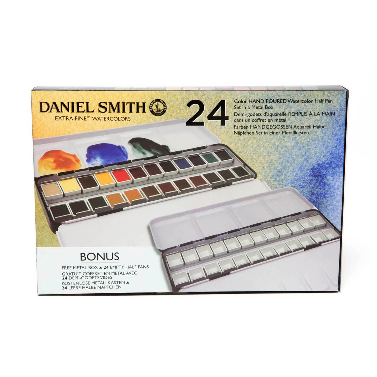 Daniel Smith Extra Fine Watercolor Set - 24 Color Hand Poured Half Pan Set in a METAL BOX with BONUS Metal Box and 24 Empty Half Pans - merriartist.com