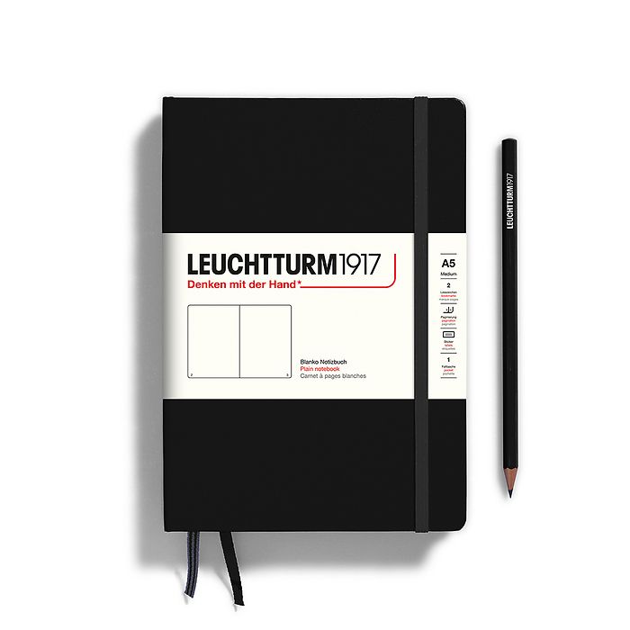 Leuchtturm1917 Hardcover Notebook - Black - Medium 5.75 x 8.25 inch (A5) - 251 pages - plain - merriartist.com