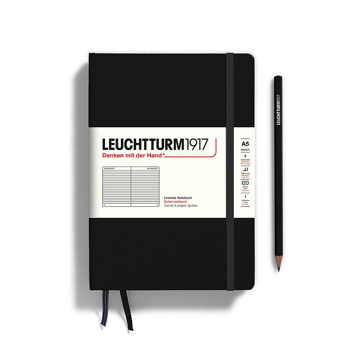 Leuchtturm1917 Hardcover Notebook - Black - Medium 5.75 x 8.25 inch (A5) - 251 pages - ruled - merriartist.com
