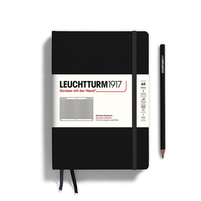 Leuchtturm1917 Hardcover Notebook - Black - Medium 5.75 x 8.25 inch (A5) - 251 pages - squared - merriartist.com