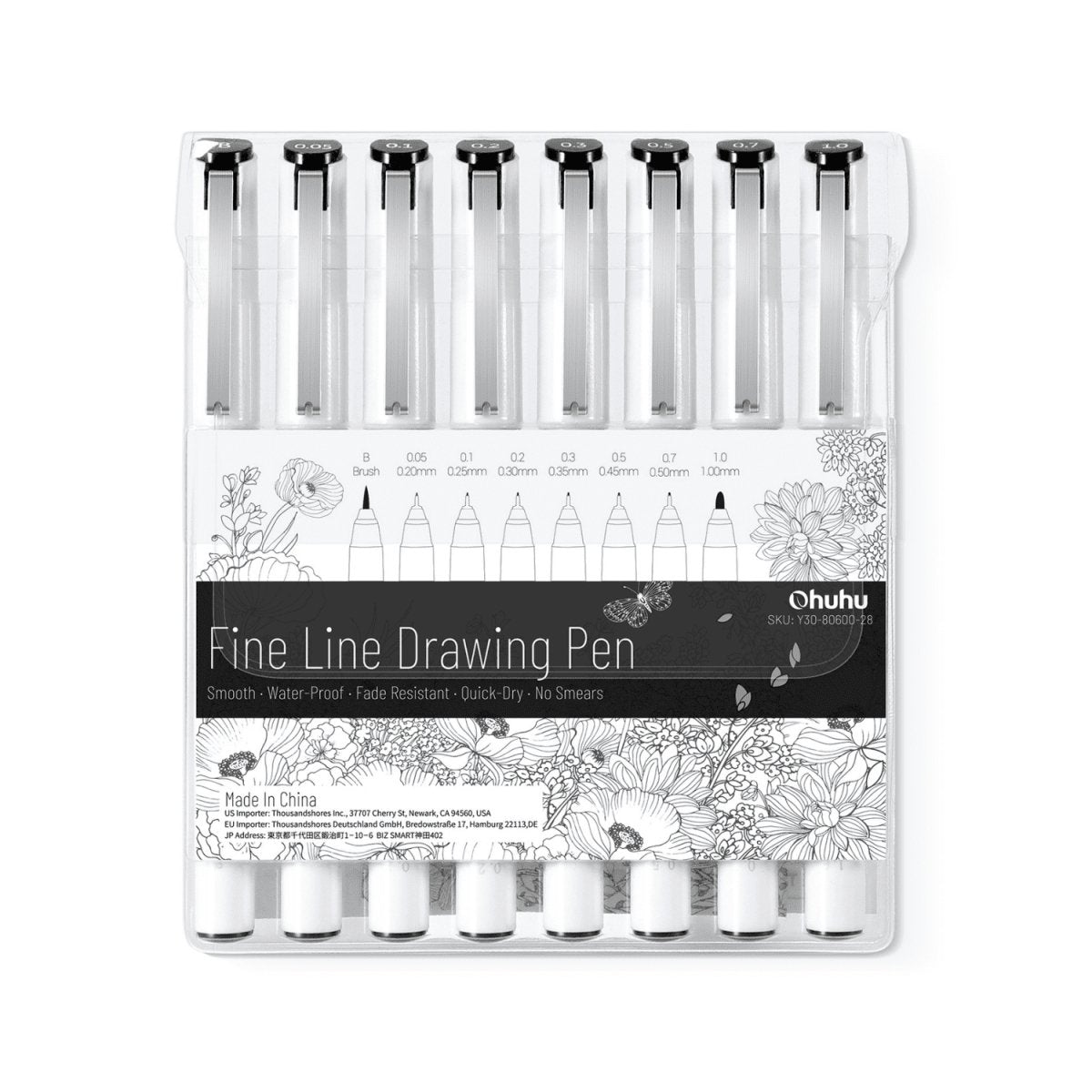 Ohuhu Fineliner Drawing Pen Set - 8 Assorted Tip Sizes - Black - merriartist.com