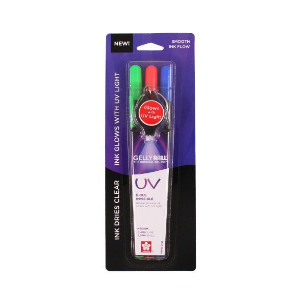 Sakura Gelly Roll UV Pen Set - 4 Piece Set (Red, Blue & Green Pens & UV Keychain Light) - The Merri Artist - merriartist.com