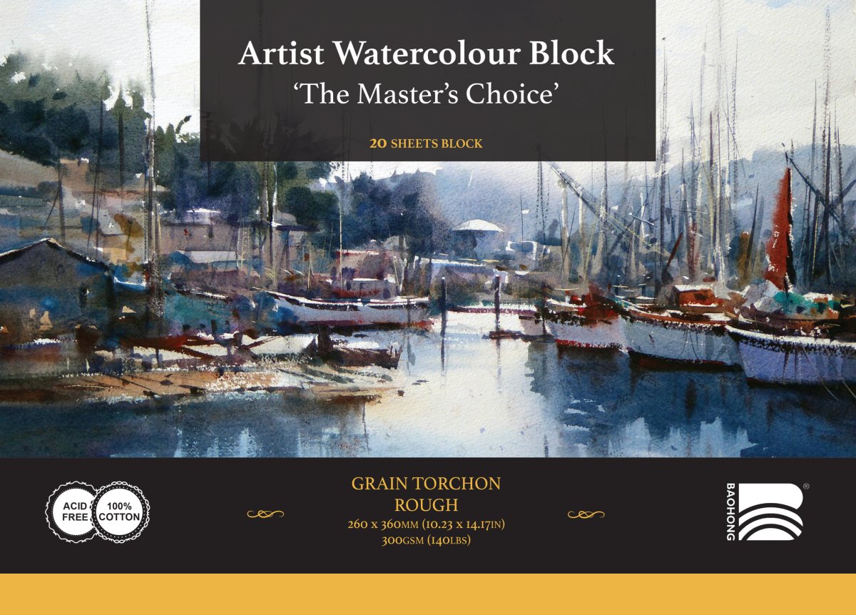 The Masters Choice by Baohong Watercolor Paper Block - 20 sheets 10.23" x 14.17"- 140 lb Rough - merriartist.com