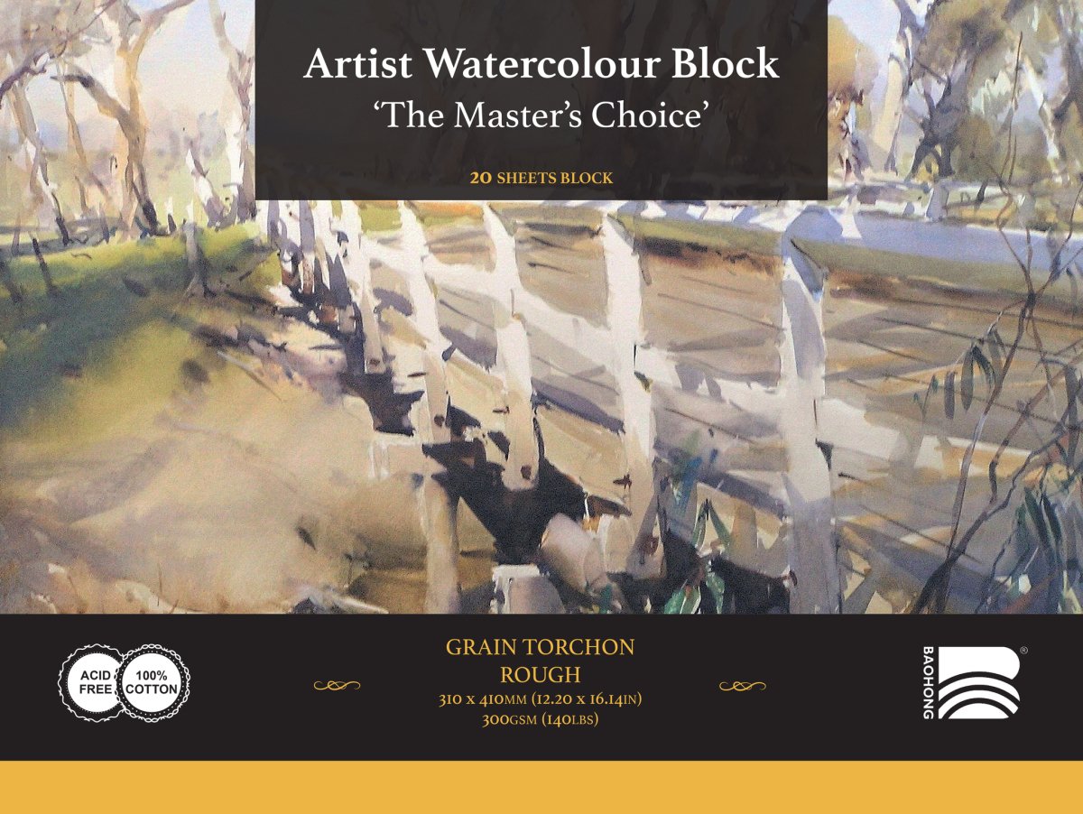 The Masters Choice by Baohong Watercolor Paper Block - 20 sheets 12.2" x 16.14" - 140 lb Rough - merriartist.com