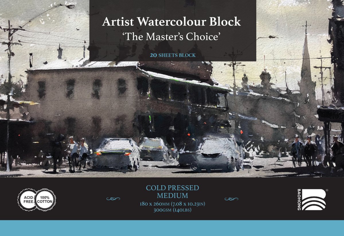 The Masters Choice by Baohong Watercolor Paper Block - 20 sheets 7.08" x 10.23" - 140 lb Cold Press - merriartist.com