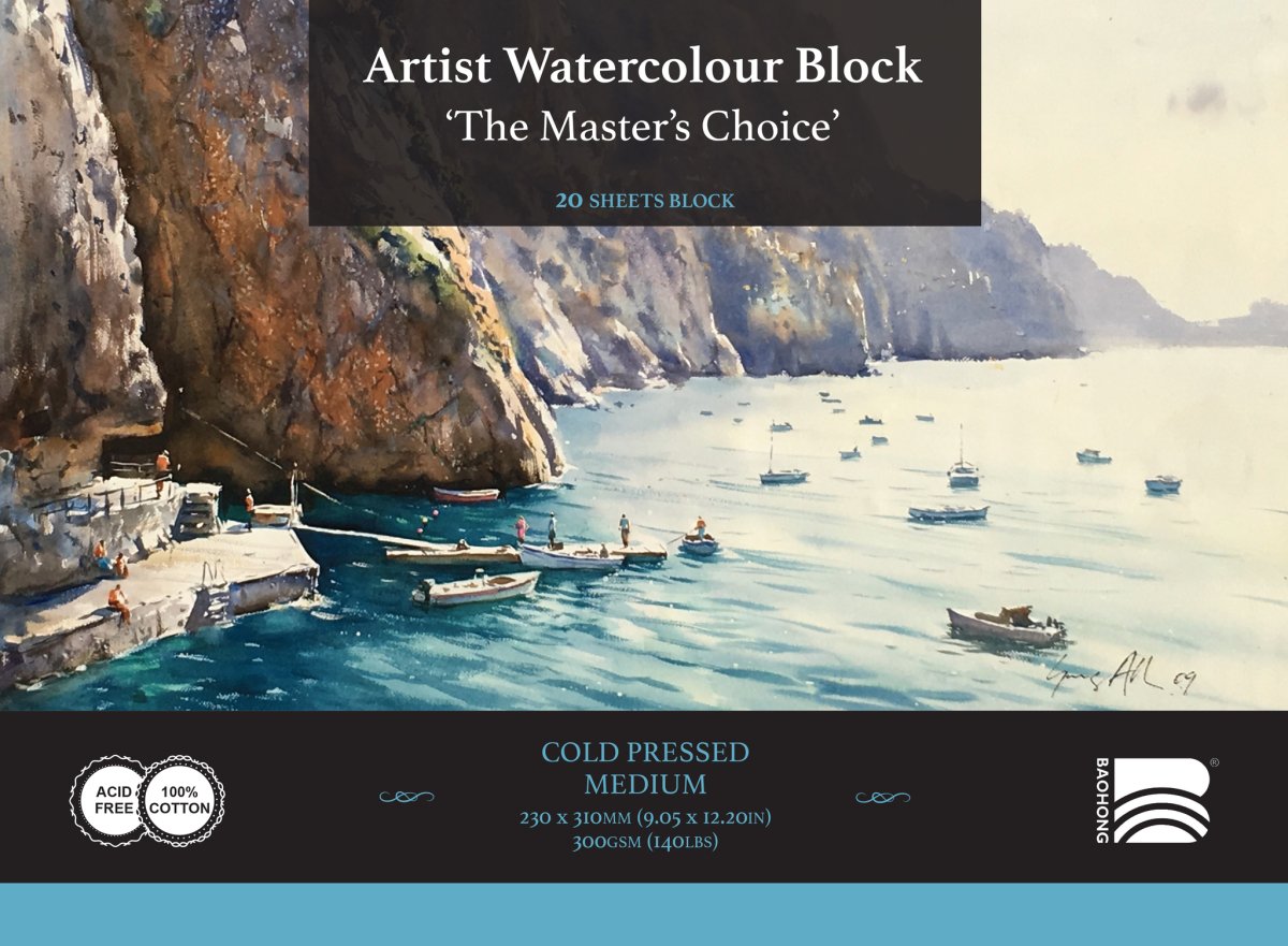 The Masters Choice by Baohong Watercolor Paper Block - 20 sheets 9.05" x 12.2" - 140 lb Cold Press - merriartist.com