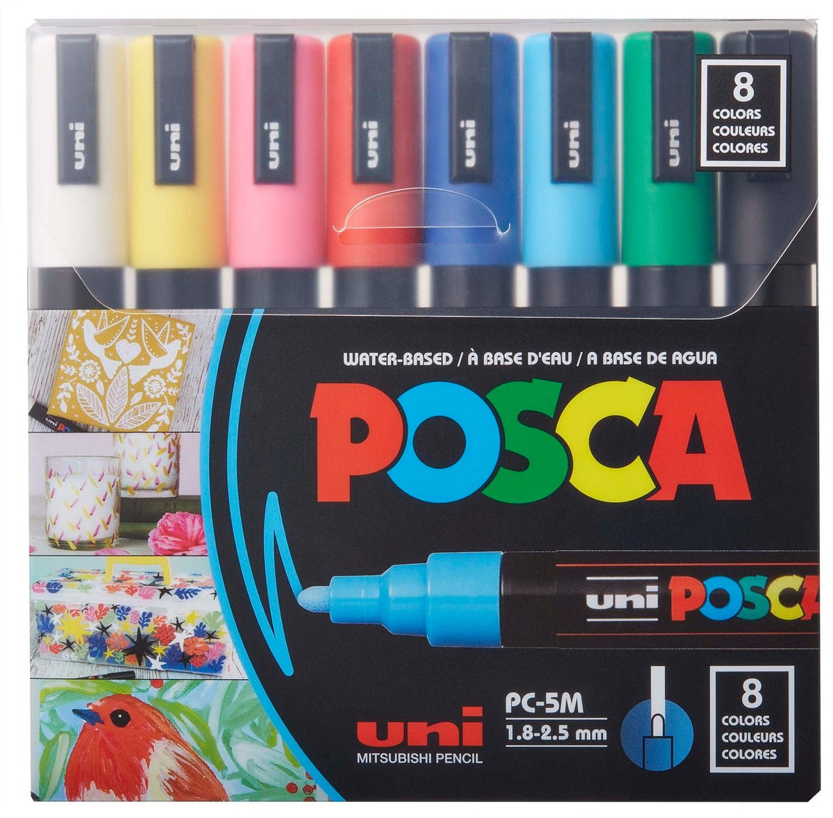 Uni POSCA Mixed Marker Pack - 7 Paint Markers In Various Sizes - Brush,  1Mr, 1M, 3M, 5M, 8K, 17K (Black)