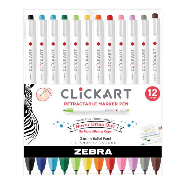 Zebra ClickArt Retractable Marker Pen .6mm 12 Color Set - merriartist.com