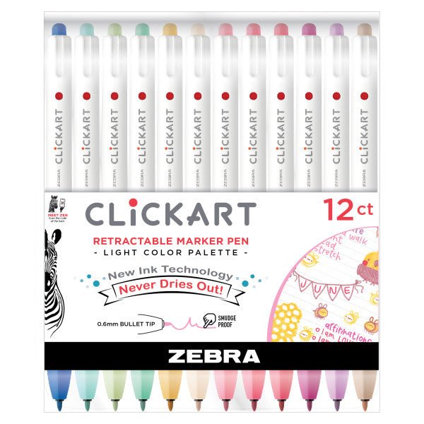 Zebra ClickArt Retractable Marker Pen .6mm 12 Light Color Palette Set - merriartist.com